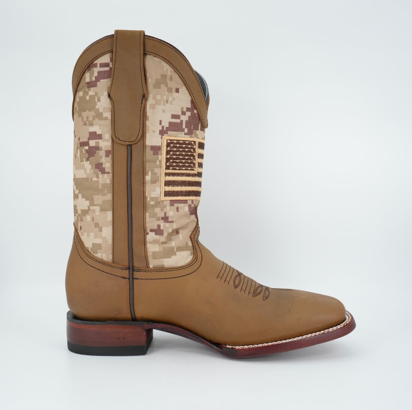 Los Angeles Men’s Crazy Leather Taupe Flag Wide Square Toe Boot