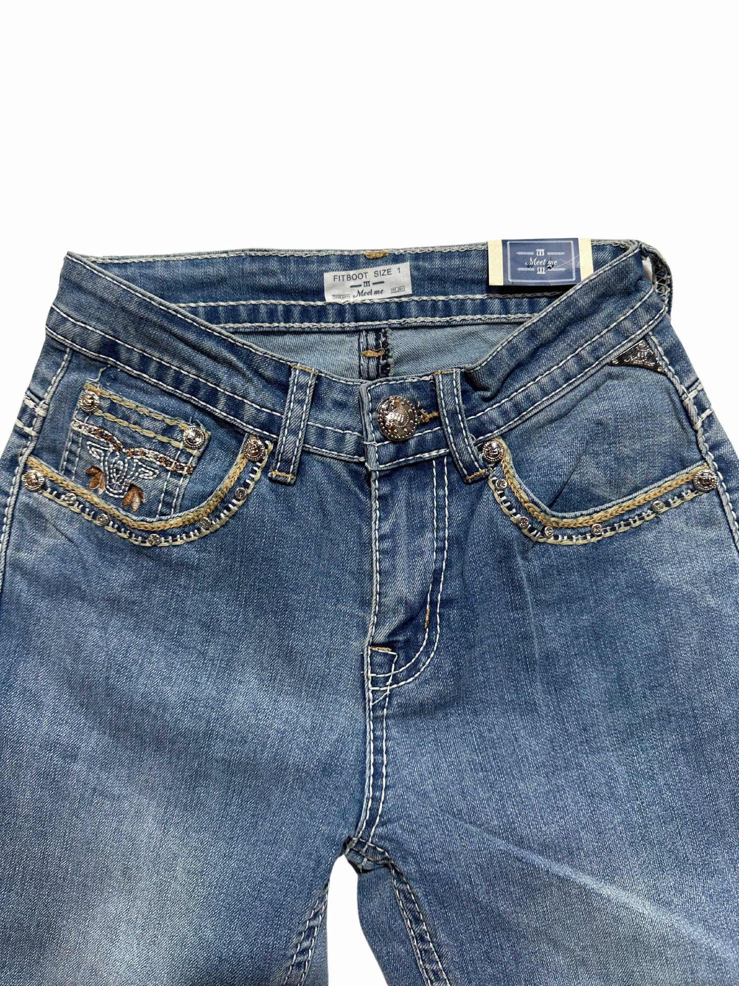 Meet Me Light Blue Bling Bull Pocket Bootcut Jean