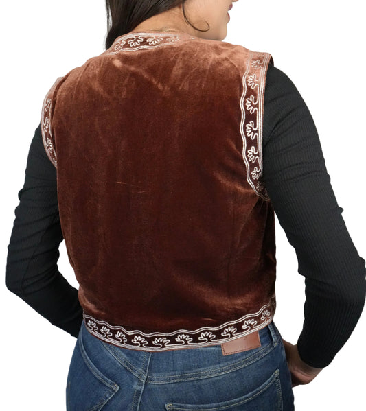 Blue B Women's Embroidered Velvet Western Vest - Brown