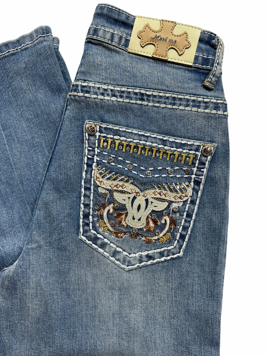 Meet Me Light Blue Bling Bull Pocket Bootcut Jean