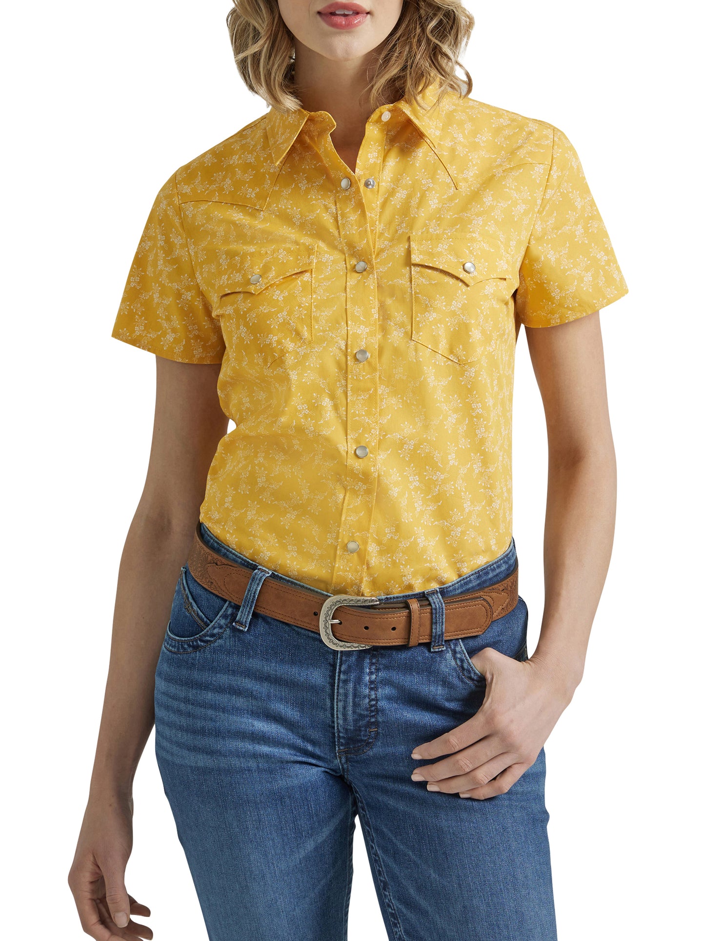 Wrangler Retro Yellow Floral Western Snap Short Sleeve Shirt