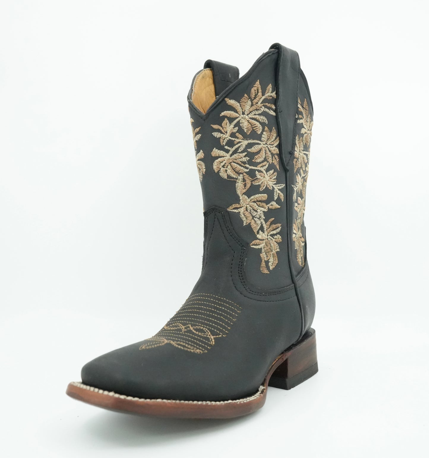 A&A Women's Black Crazy Floral Wide Square Toe Boot