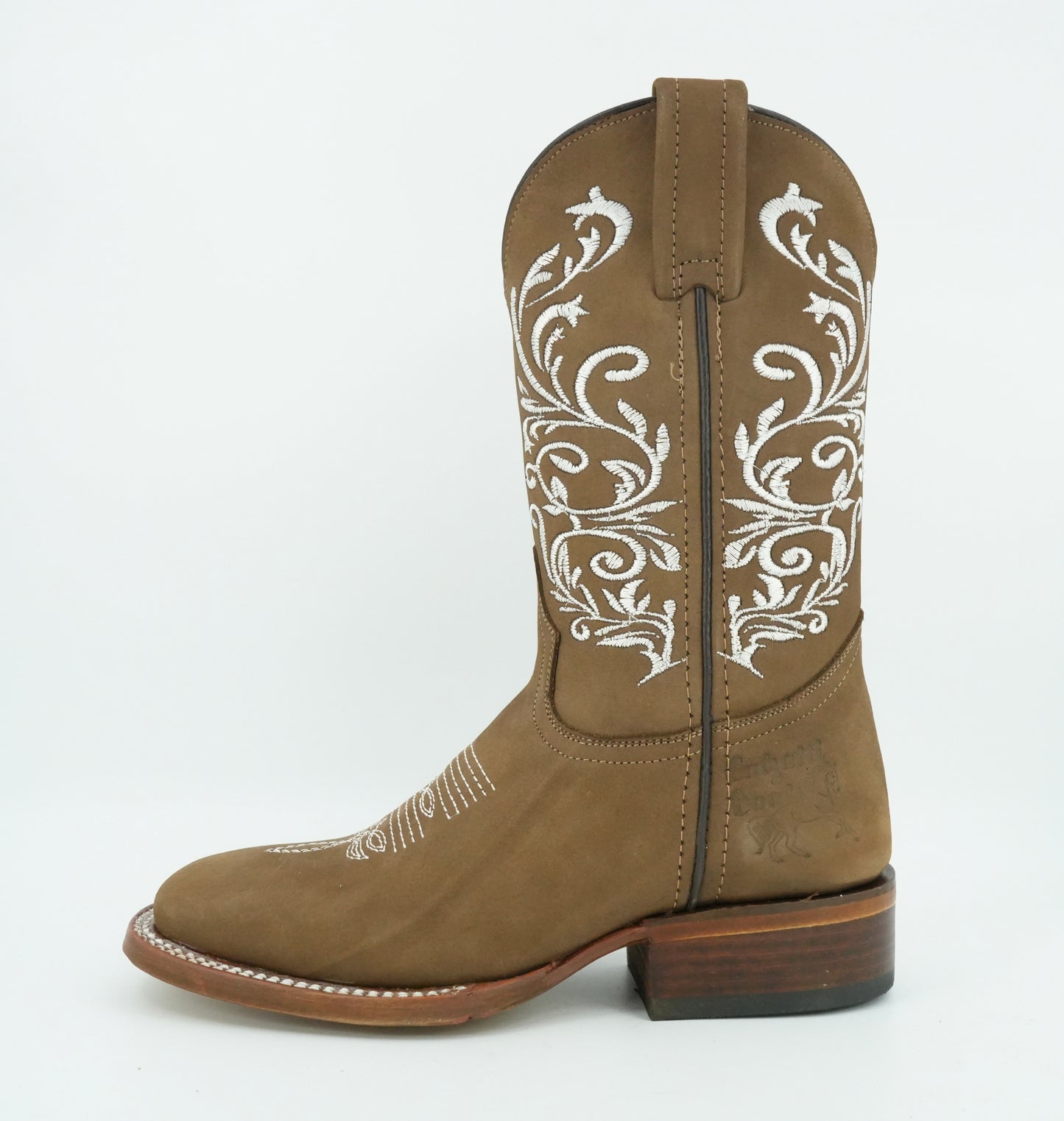 Calzatti Women's Tabacco Nobuck Embroidered Wide Square Toe Boot