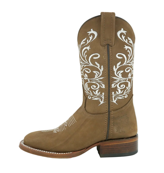 Calzatti Women's Tabacco Nobuck Embroidered Wide Square Toe Boot