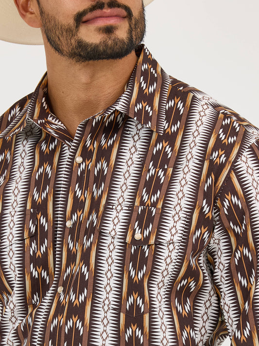 Wrangler Checotah Long Sleeve Western Snap Printed Brown Shirt