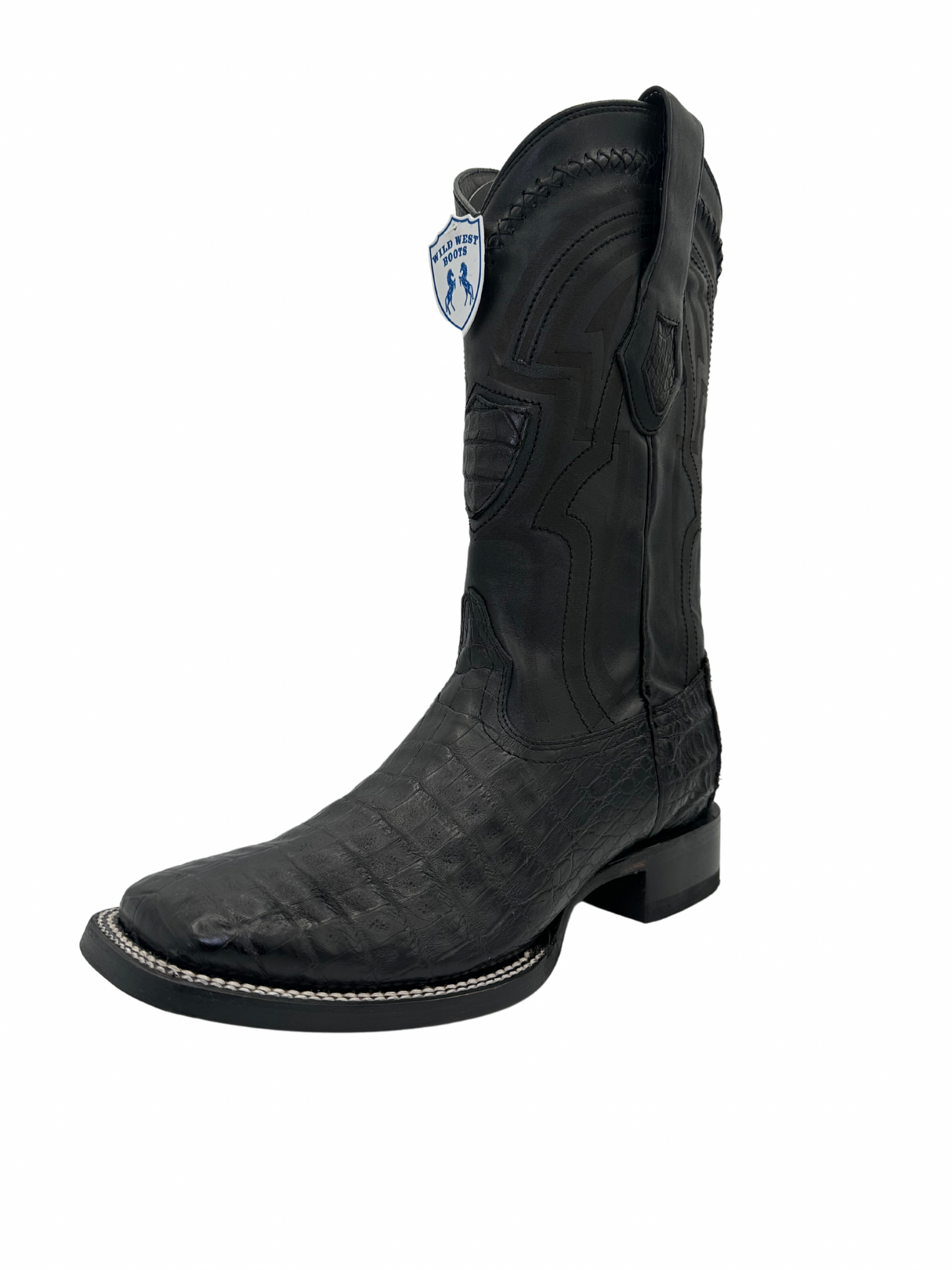 Wild West Men's Black Genuine Caiman Belly Wide Square Toe Boot