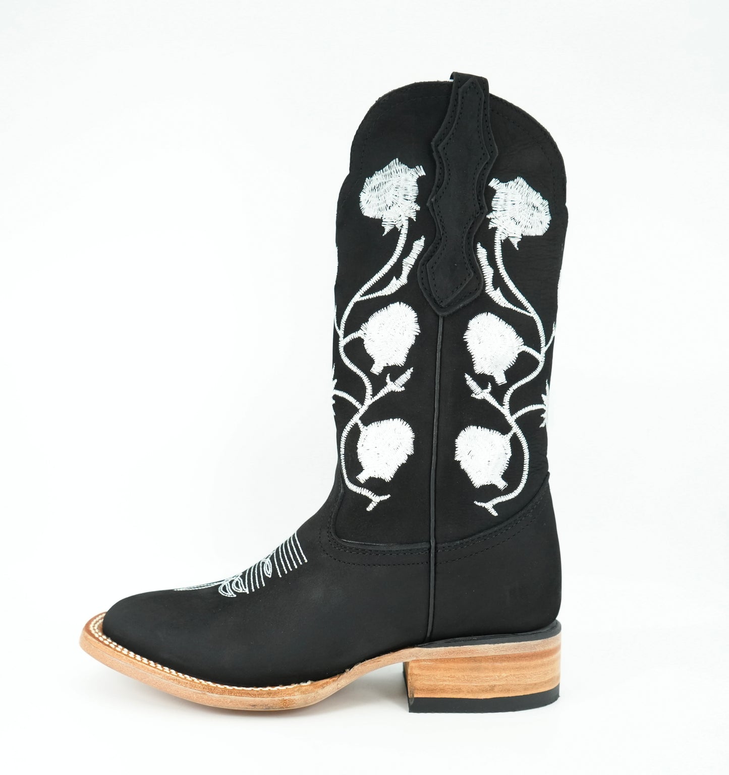 White Diamond Women's Black Roses Square Toe Leather Boot