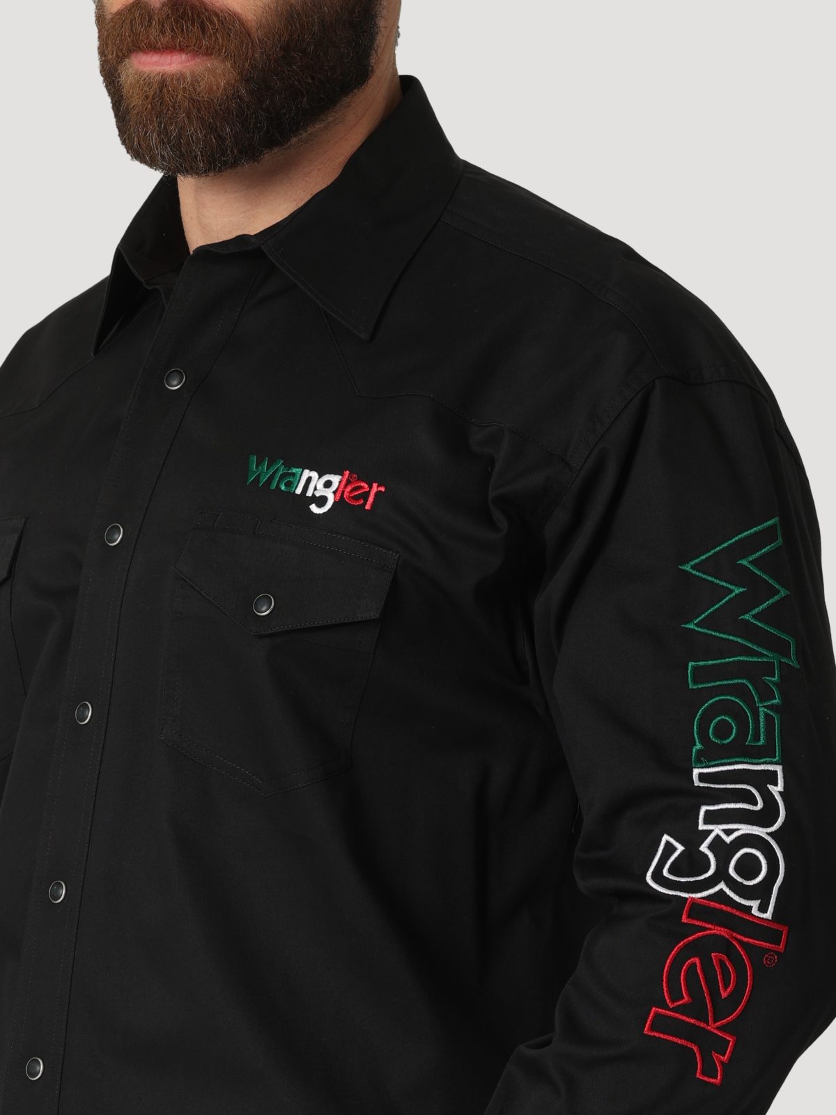 Wrangler Mexico Logo Black Long Sleeve Button Down Shirt