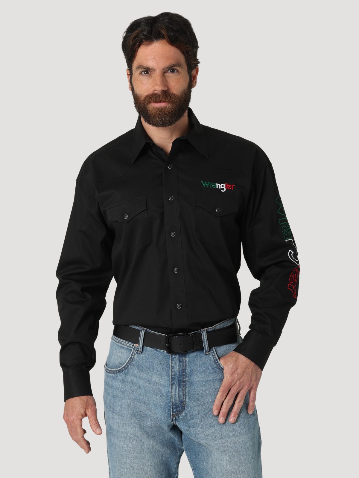 Wrangler Mexico Logo Black Long Sleeve Button Down Shirt