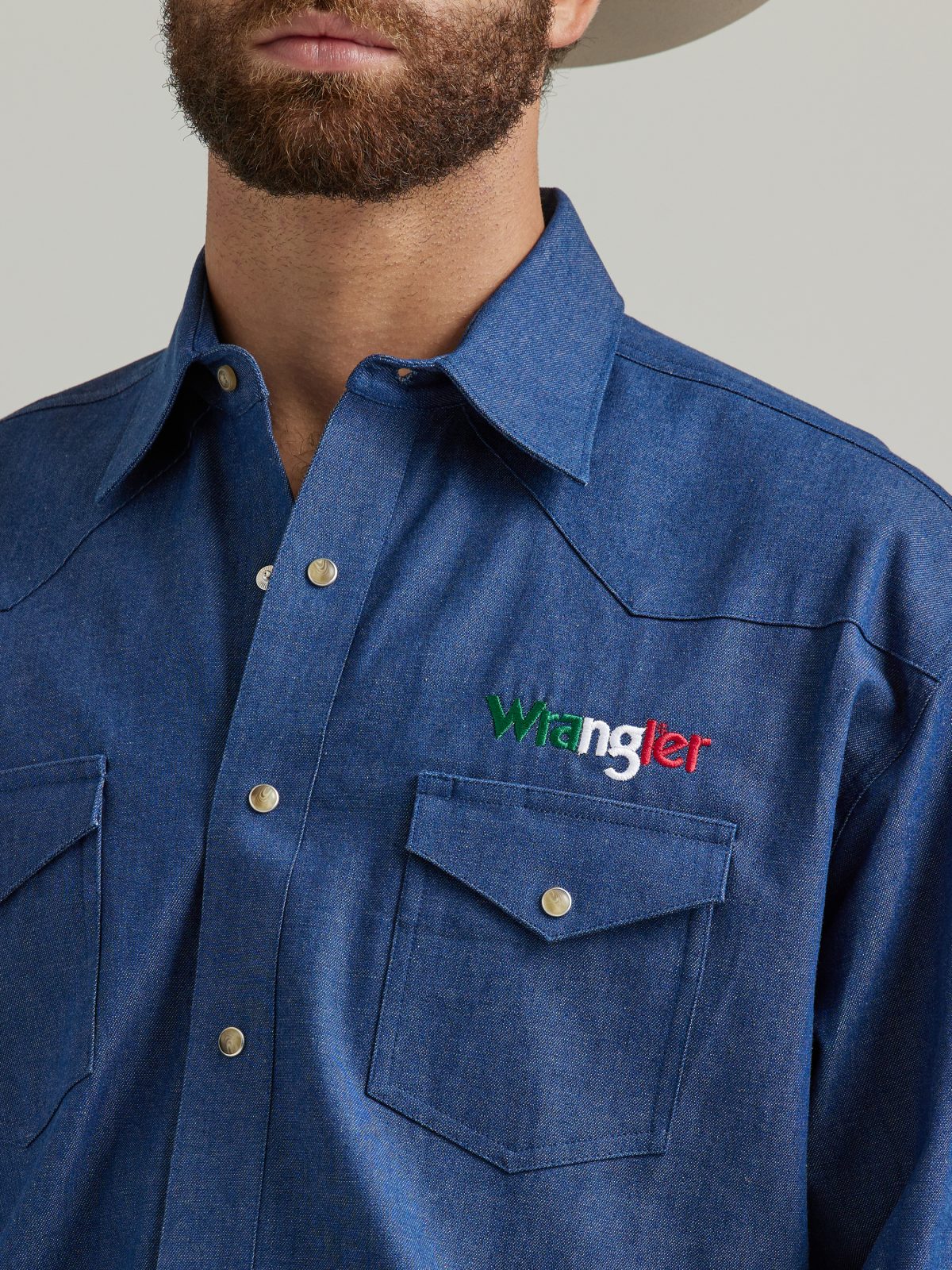 Wrangler Mexico Logo Denim Long Sleeve Button Down Shirt