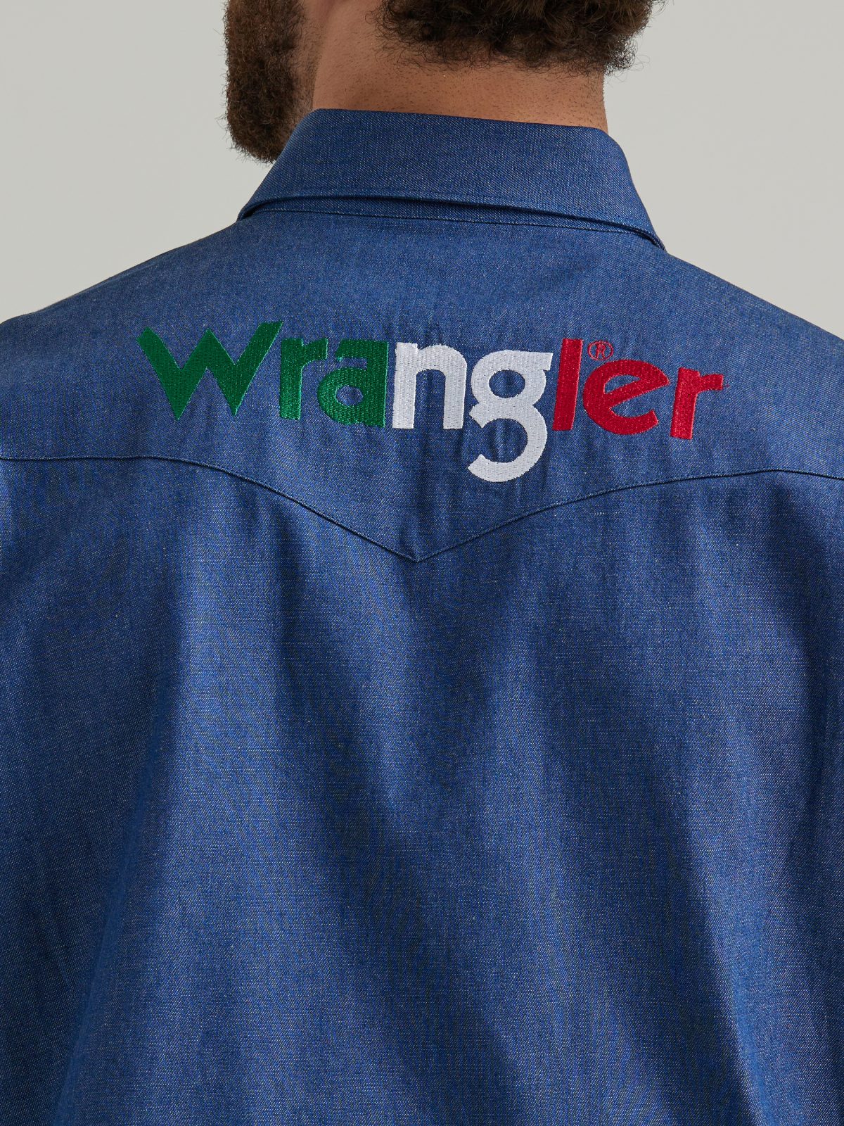 Wrangler Mexico Logo Denim Long Sleeve Button Down Shirt