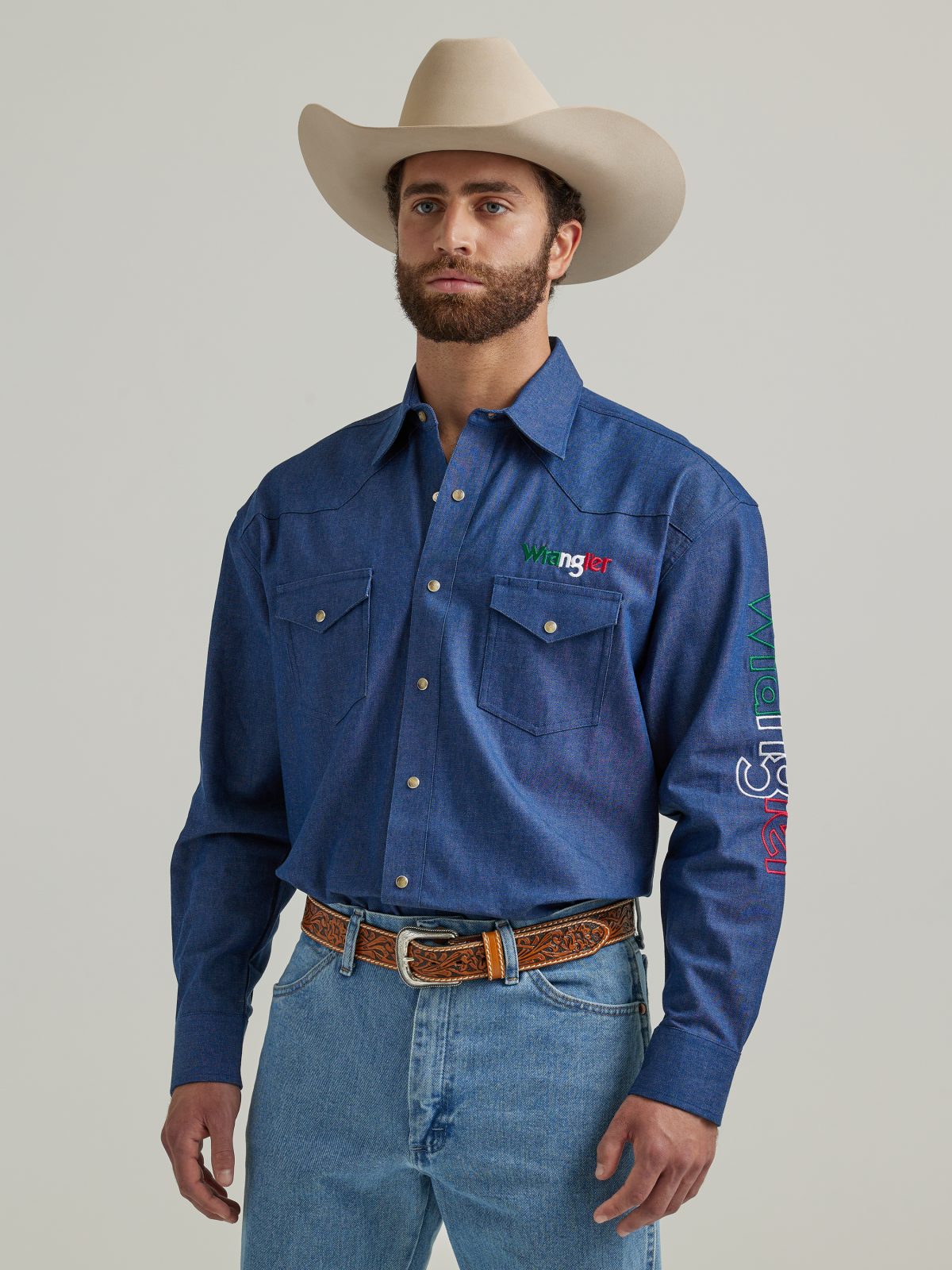 Wrangler Mexico Logo Denim Long Sleeve Button Down Shirt