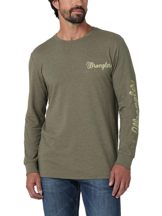 Camisa de manga larga color olivo jaspeado con logo en el brazo de cuerda de Wrangler