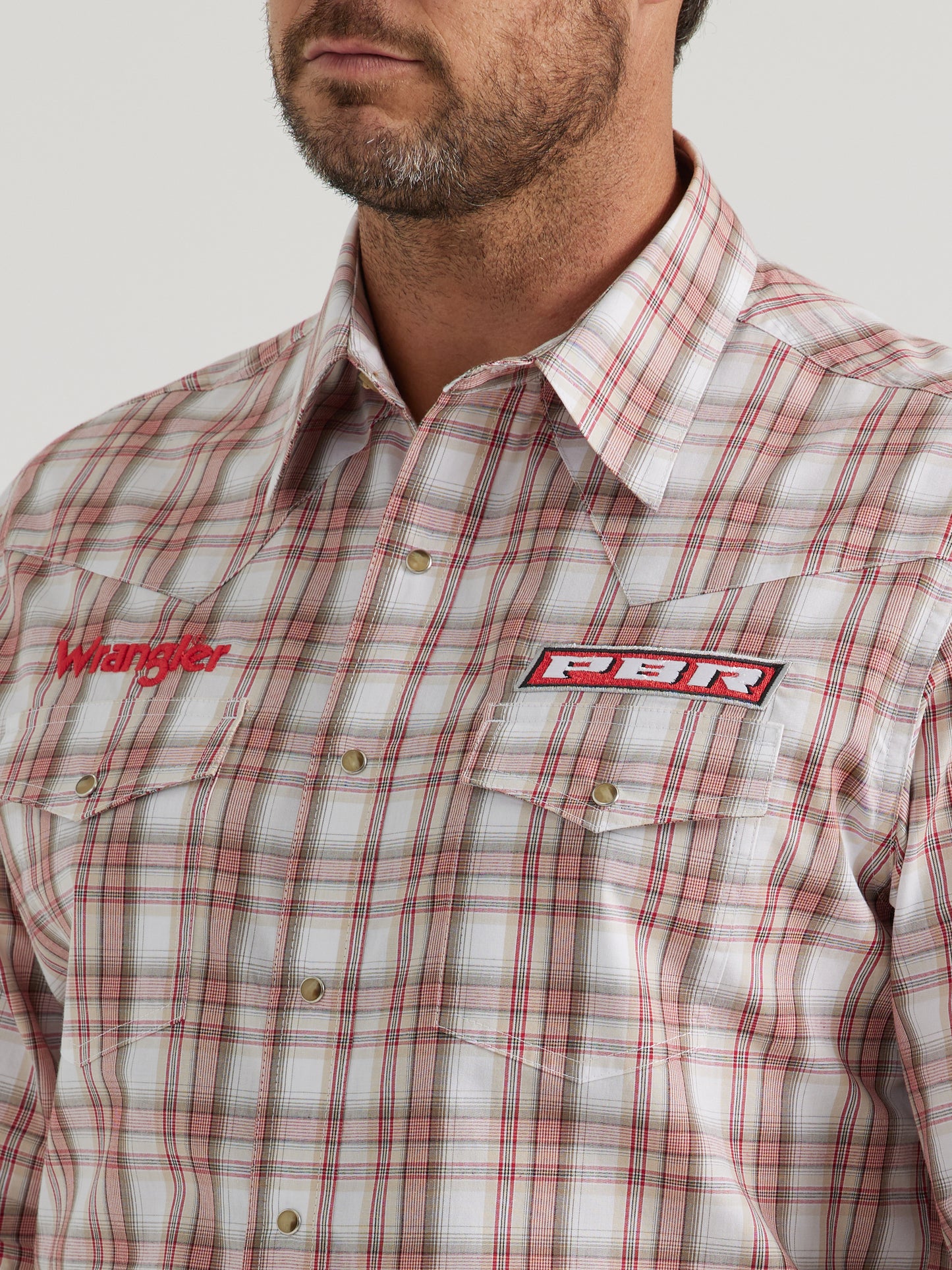 Wrangler PBR Logo Long Sleeve Plaid Western Snap Shirt