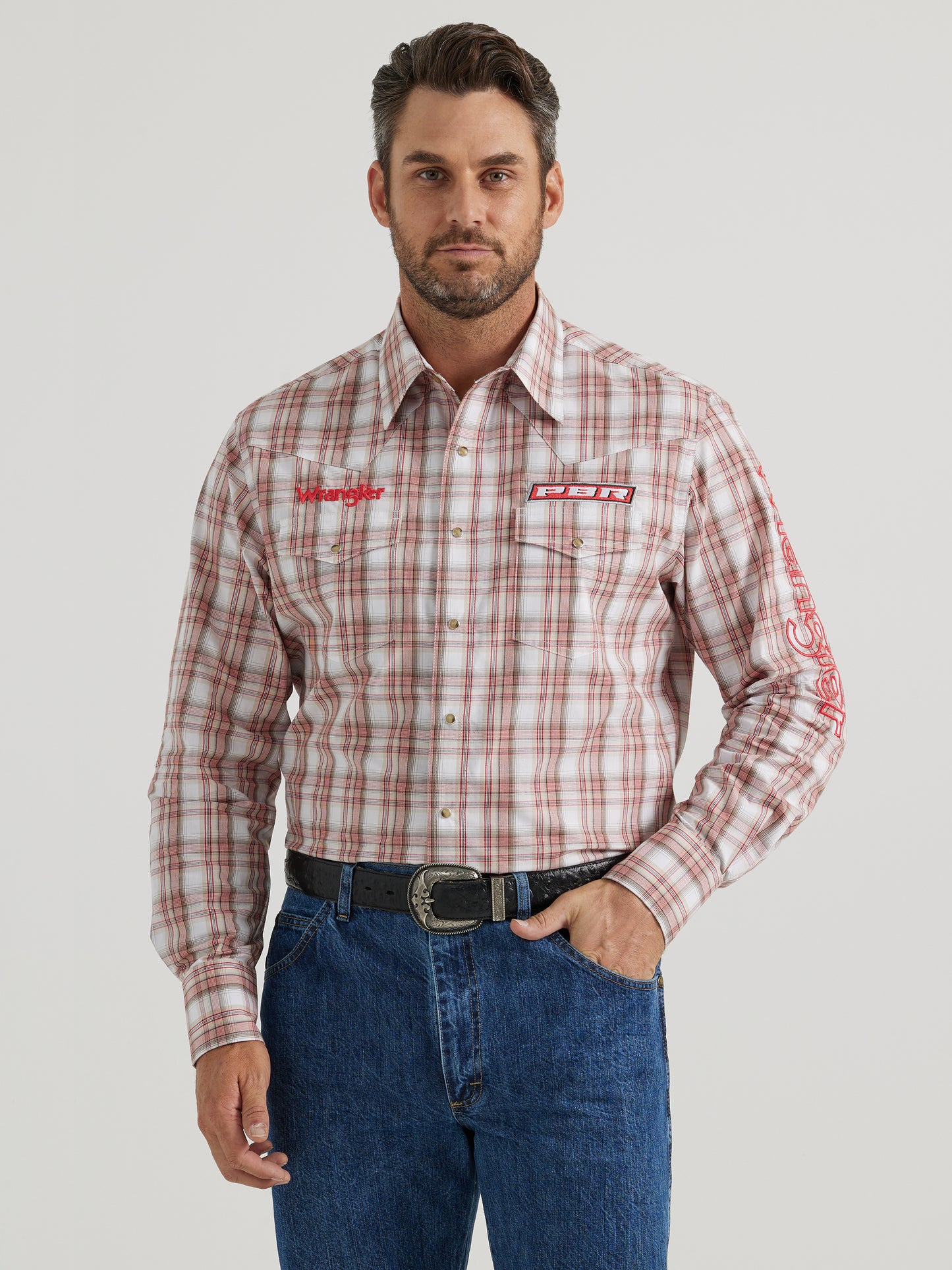Wrangler PBR Logo Long Sleeve Plaid Western Snap Shirt