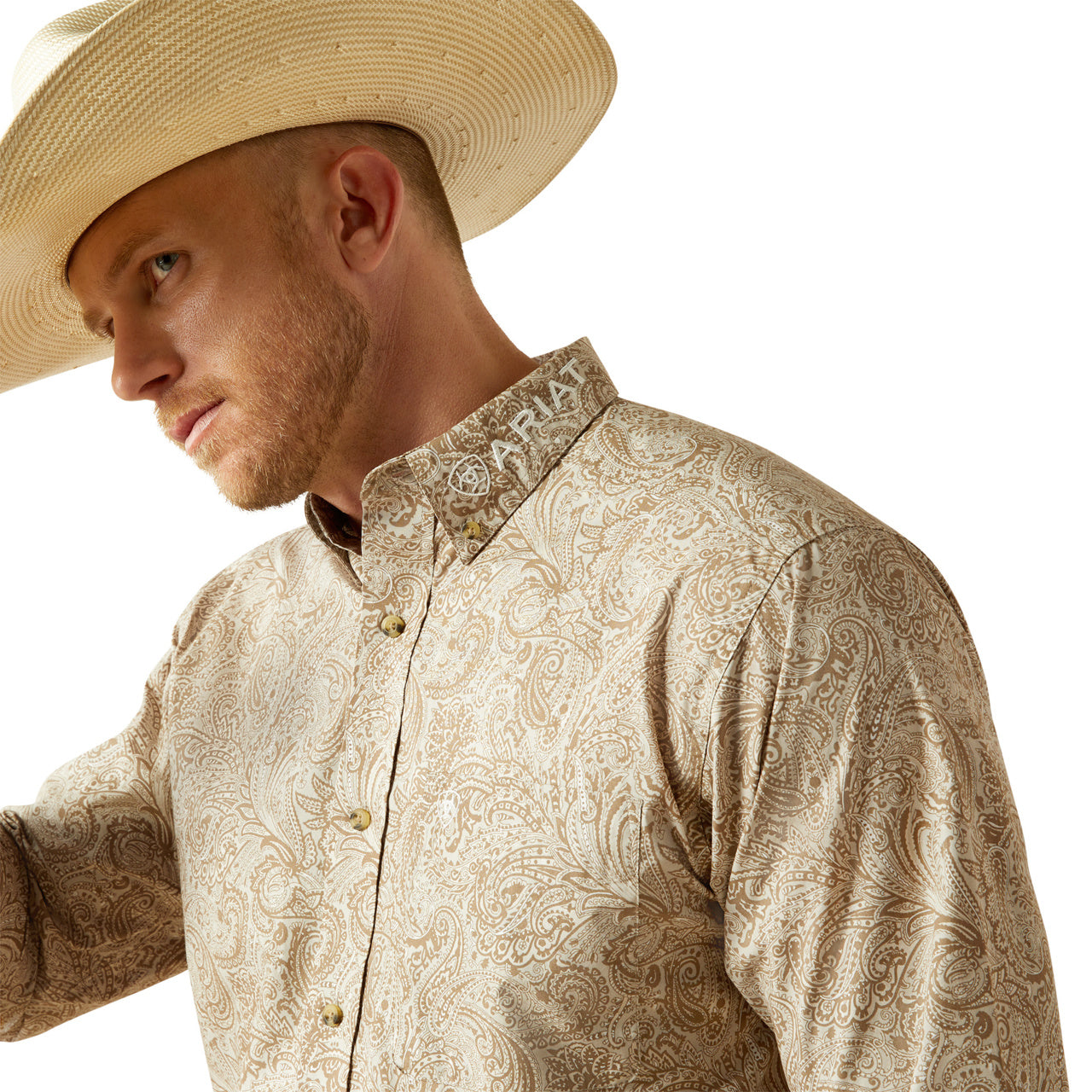 Ariat Men’s Team Kason Long Sleeve Bottom Down Brown/Off White Shirt