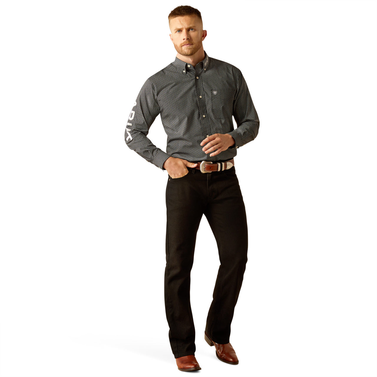Ariat Men’s Team Fowler Long Sleeve Bottom Down Black/White Shirt