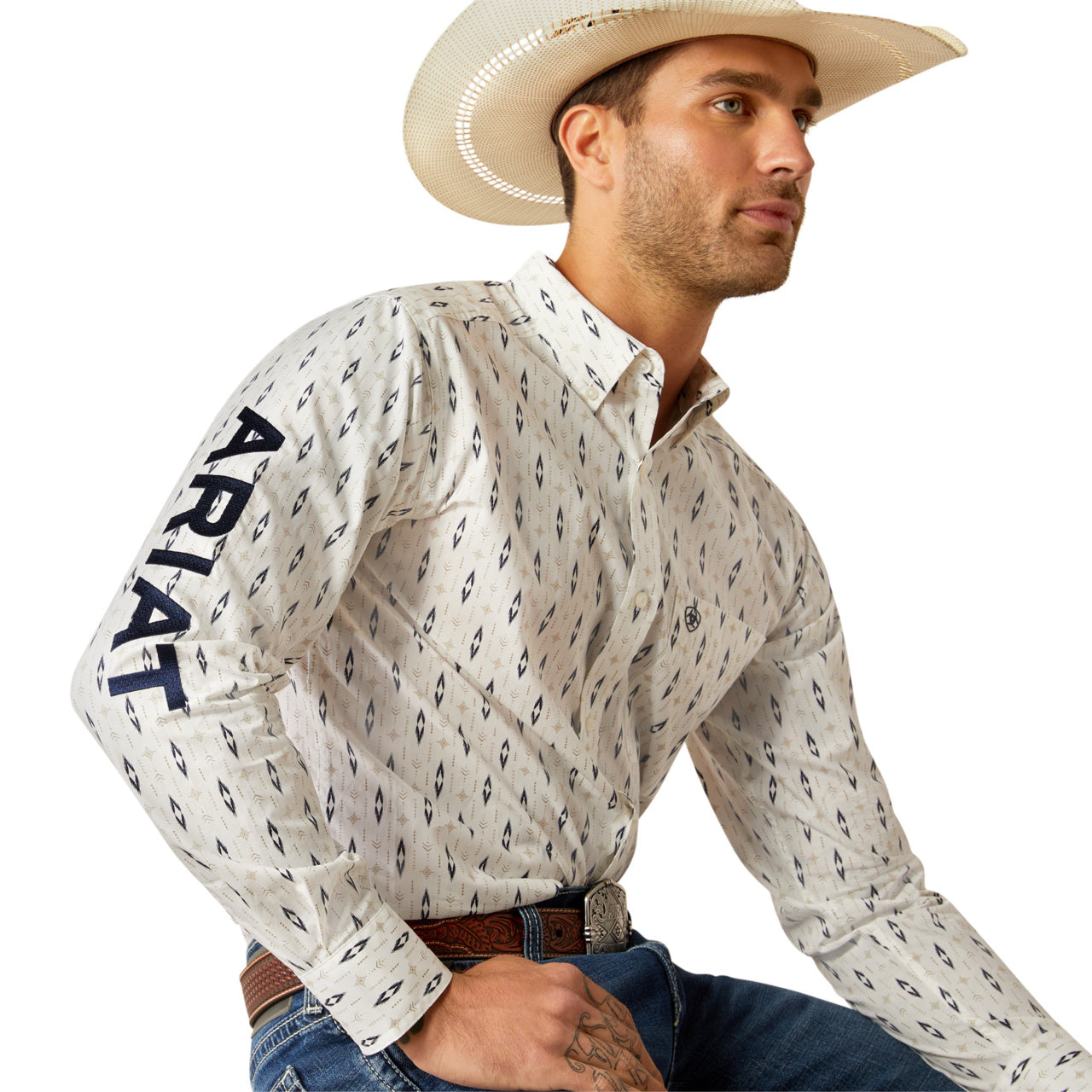 Ariat Men’s Team Perkins FTD Long Sleeve Bottom Down White/Navy Shirt