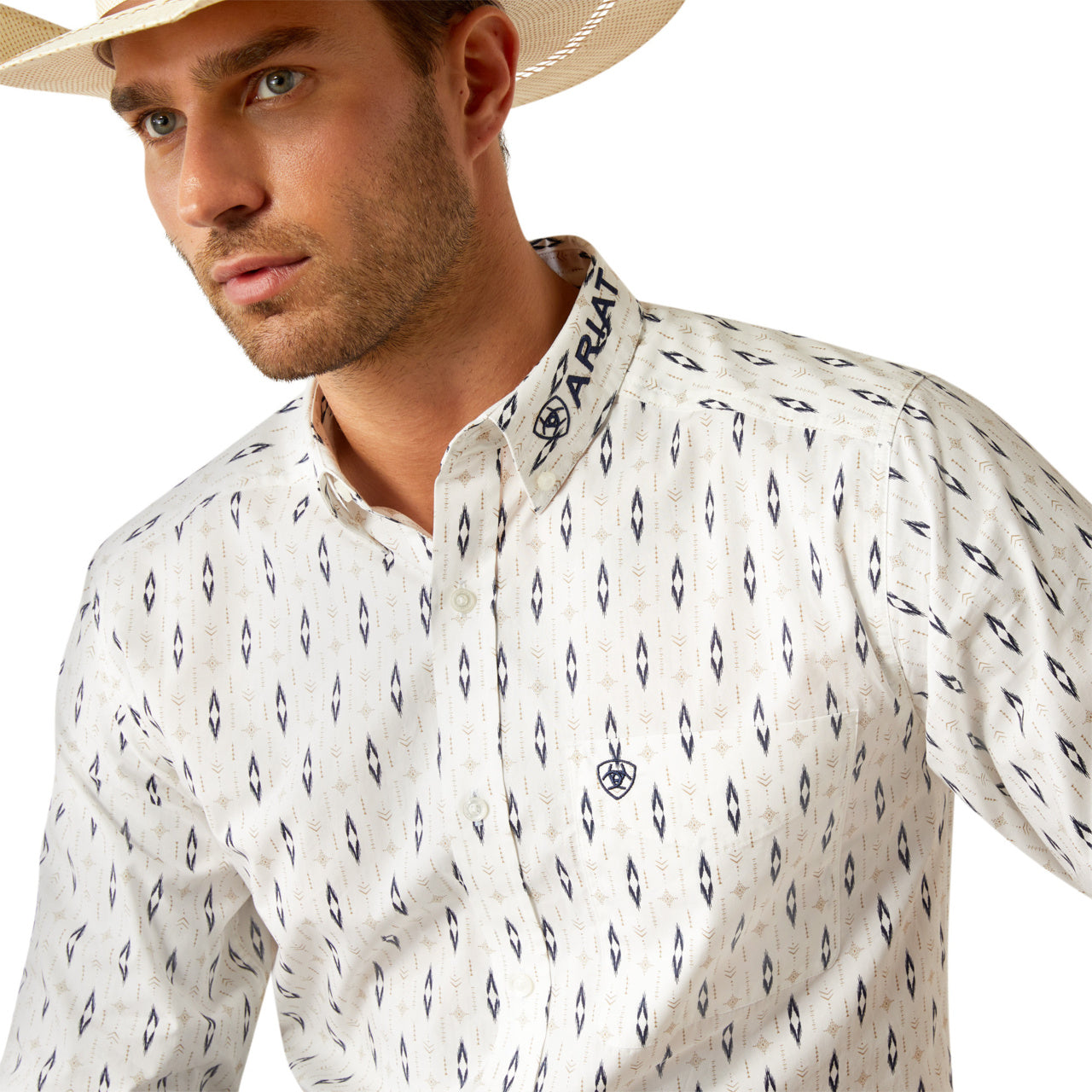 Ariat Men’s Team Perkins FTD Long Sleeve Bottom Down White/Navy Shirt
