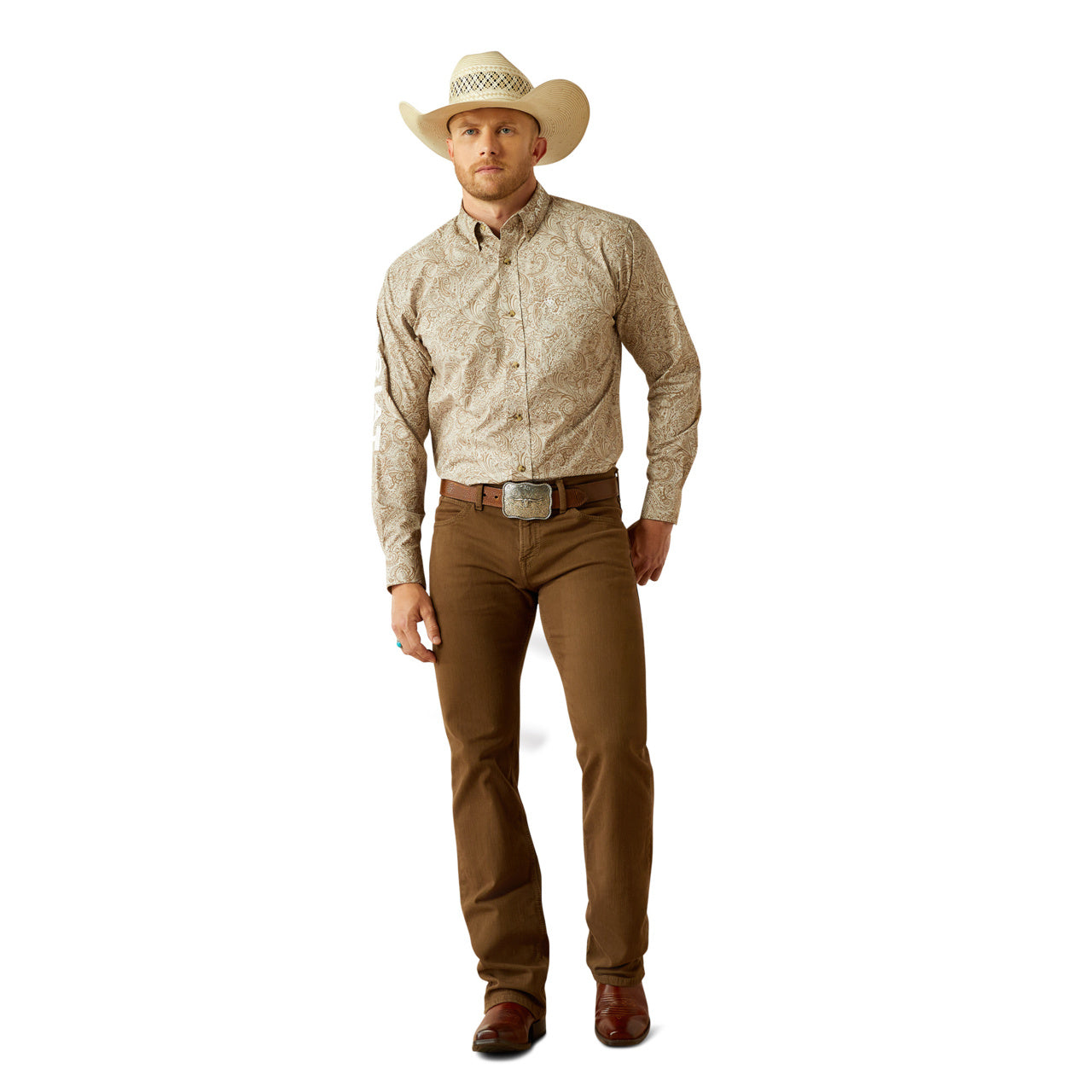 Ariat Men’s Team Kason Long Sleeve Bottom Down Brown/Off White Shirt