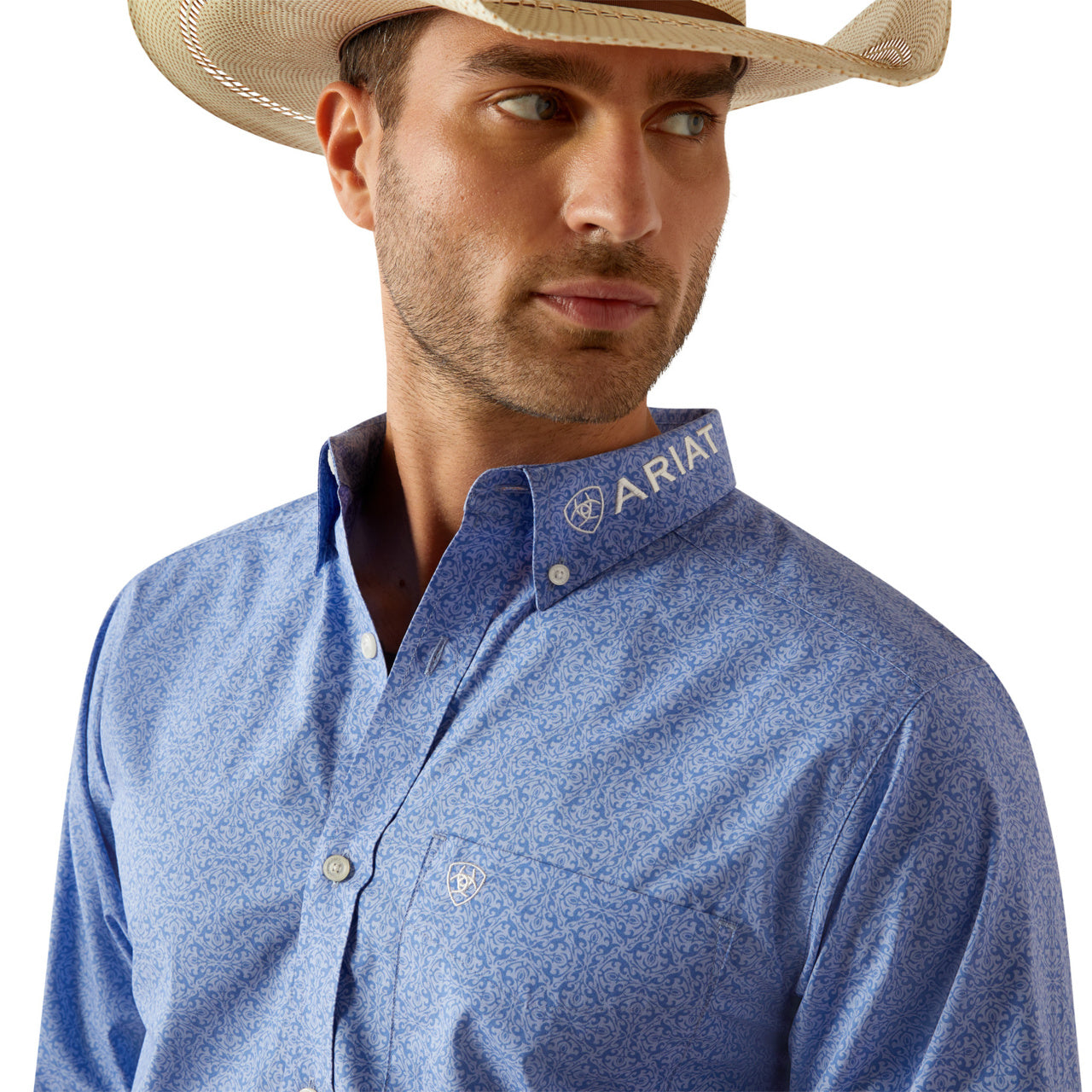 Ariat Men’s Team Potter FTD Long Sleeve Bottom Down Blue/White Shirt