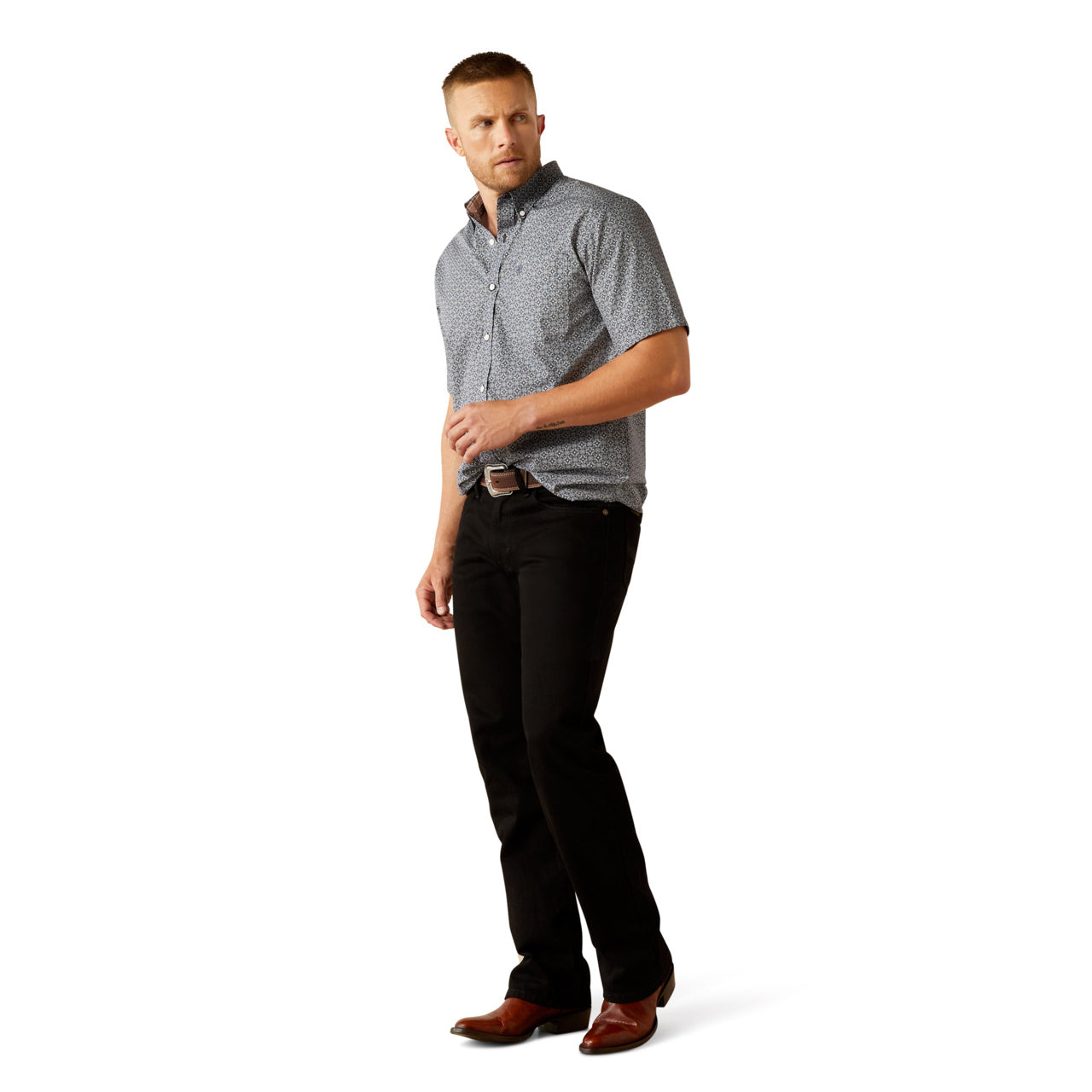 Ariat Men's Octavius Classic Fit Button Down Short Sleeve Navy Shirt