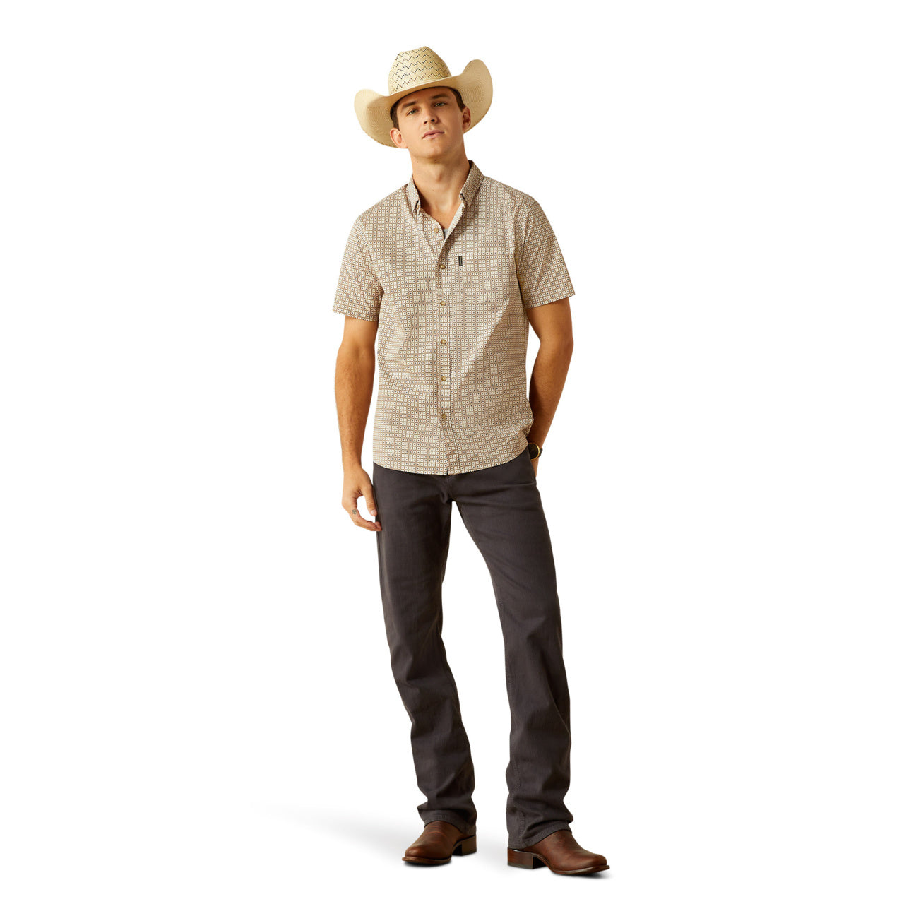 Ariat Men's Maximo Modern Slim Fit Button Down Short Sleeve Khaki Shirt
