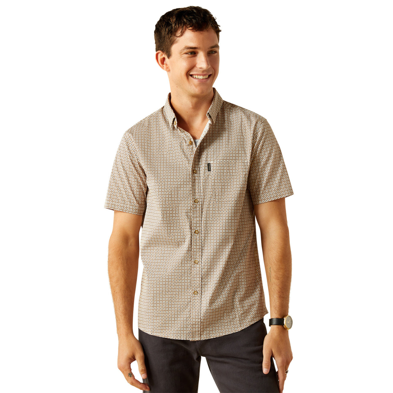 Ariat Men's Maximo Modern Slim Fit Button Down Short Sleeve Khaki Shirt
