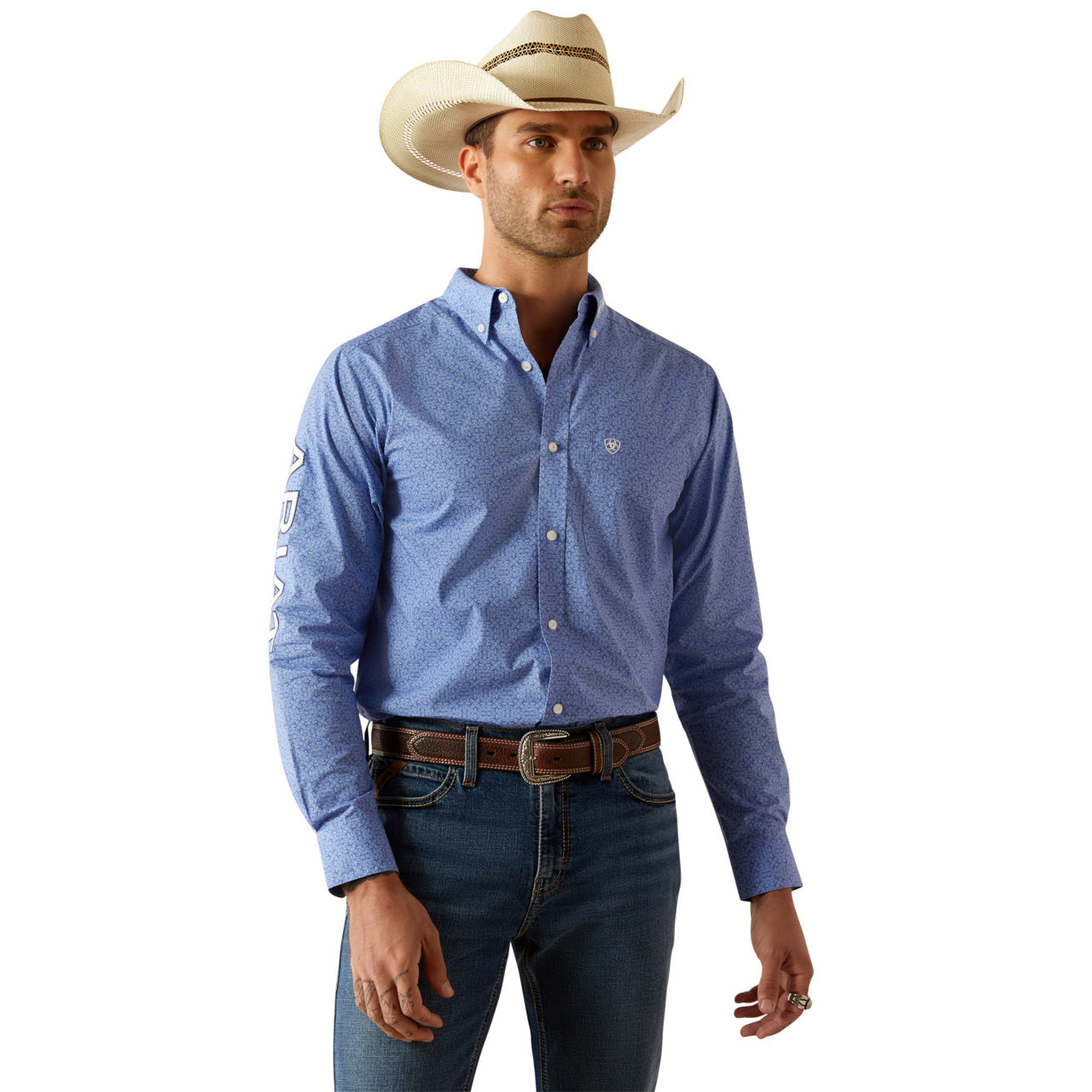 Ariat Men’s Team Potter FTD Long Sleeve Bottom Down Blue/White Shirt