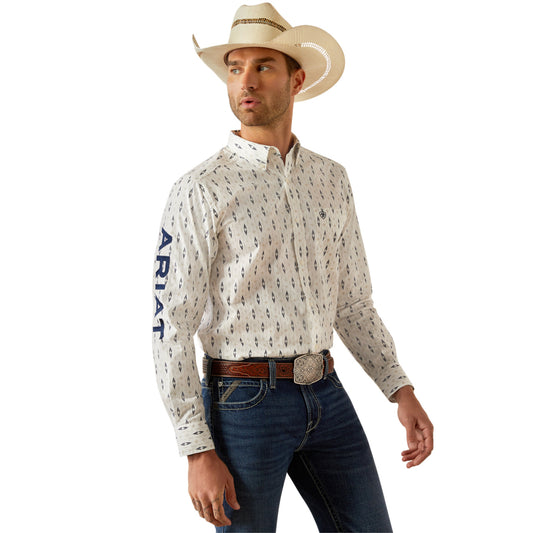Ariat Men’s Team Perkins FTD Long Sleeve Bottom Down White/Navy Shirt