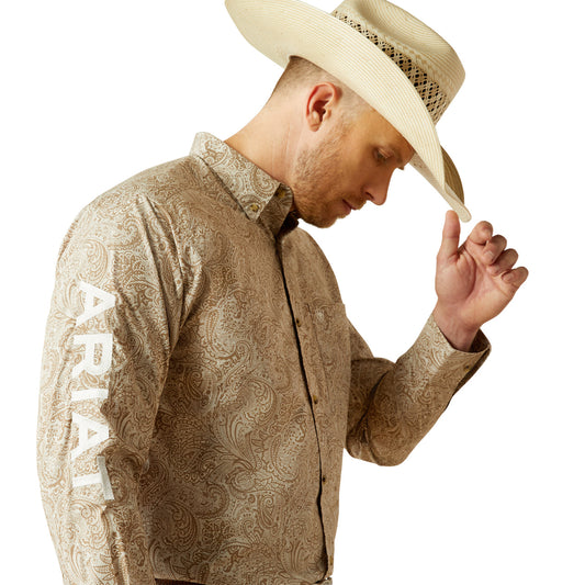 Ariat Men’s Team Kason Long Sleeve Bottom Down Brown/Off White Shirt