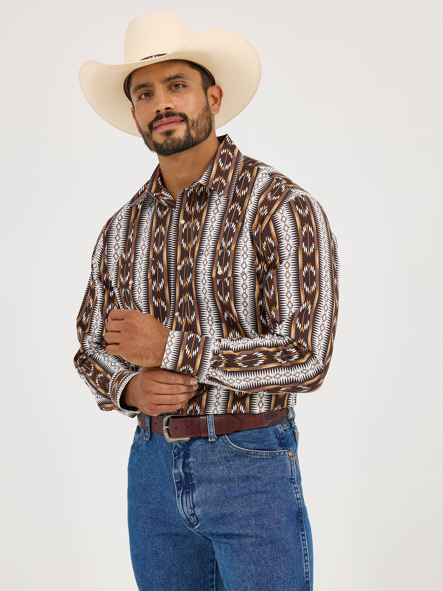 Wrangler Checotah Long Sleeve Western Snap Printed Brown Shirt