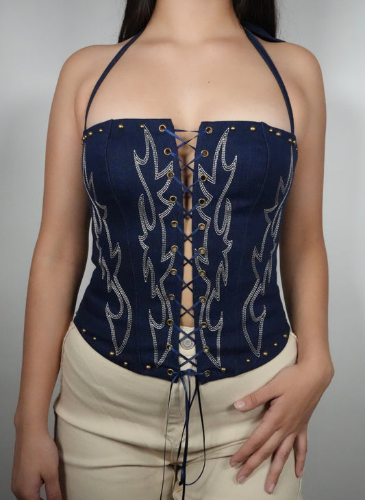 Women's Raely Embroidered Western Corset Top - Dark Blue