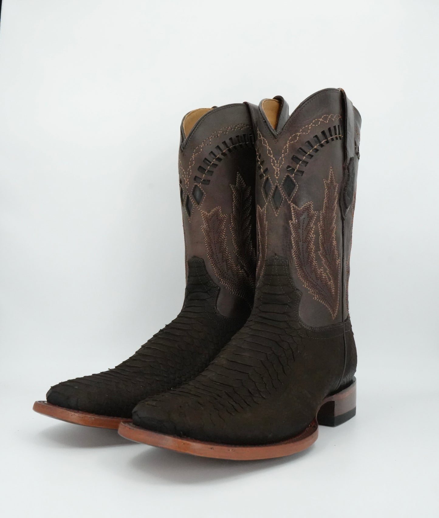 Hooch Men's Nobuck Chocolate Python Print Wide Square Toe Boot