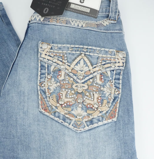 Lamasini Women’s Floral Stud Bling Pocket Light Blue Bootcut Jean