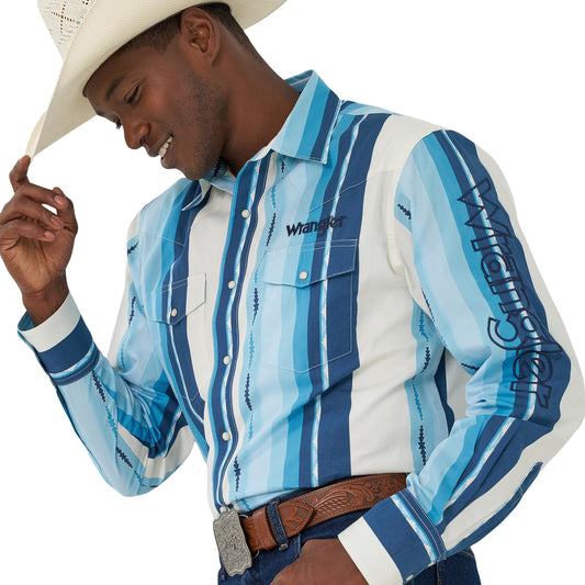 Men's Wrangler Logo Long Sleeve Striped Shirt - Blue Clouds