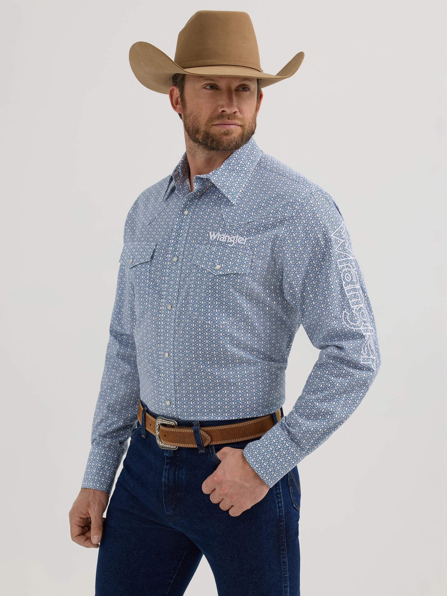 Wrangler Men's Logo Print Blue/White Diamond Long Sleeve Snap Button Shirt