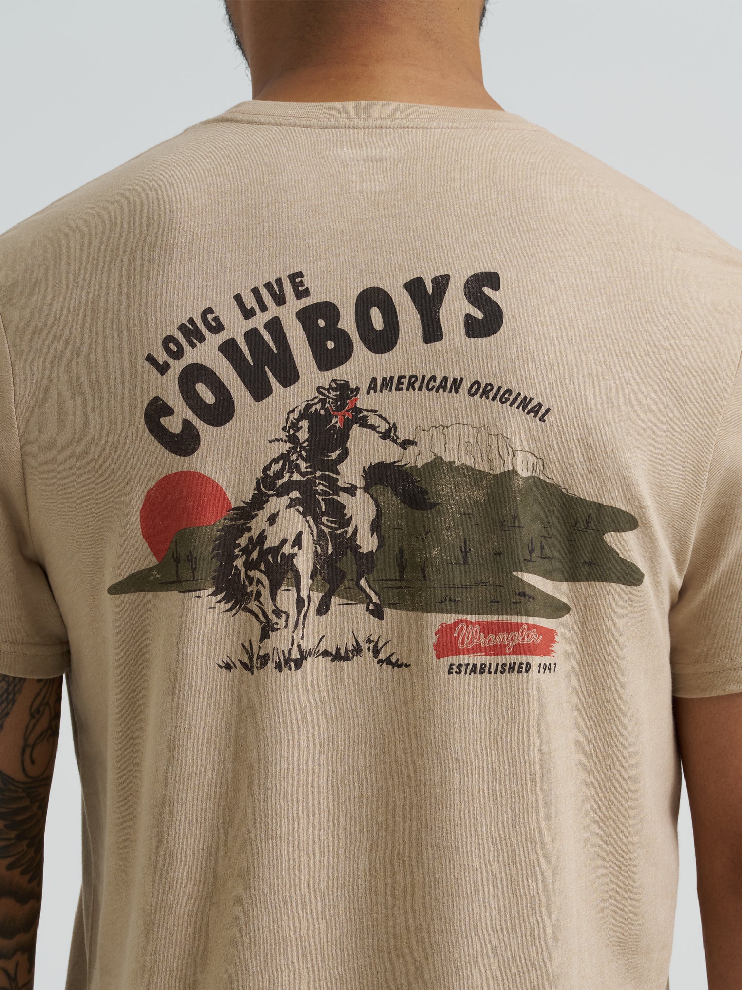 Wrangler Men's Short Sleeve Bucking Cowboy Back Graphic T-Shirt Light Brown