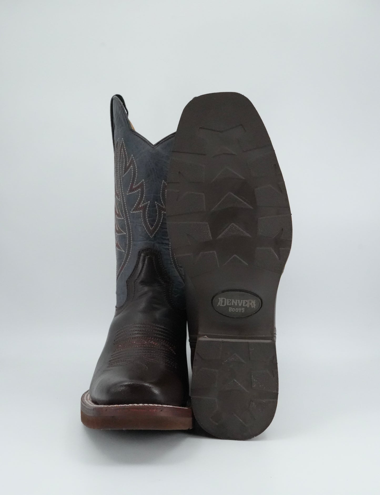 Denver Boots Men's Brown/Blue Leather Semi Square Toe Boot