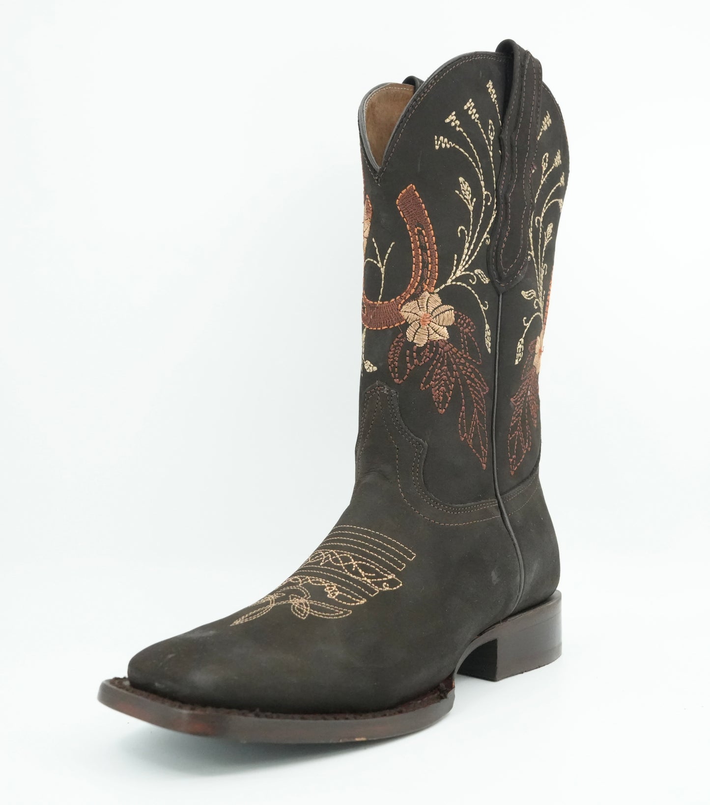 Centenario Women's Brown Embroidered Horseshoes Wide Square Toe Boot