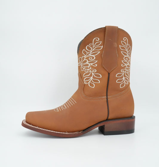 Stephy Women's Crazy Brown Floral Wide Square Toe Low Shaft Boot