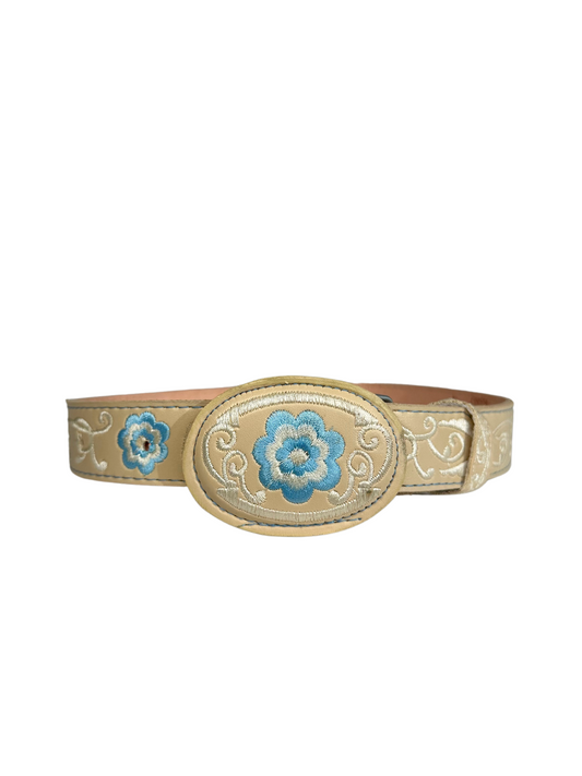Girl's Blue Floral Embroided Leather Belt