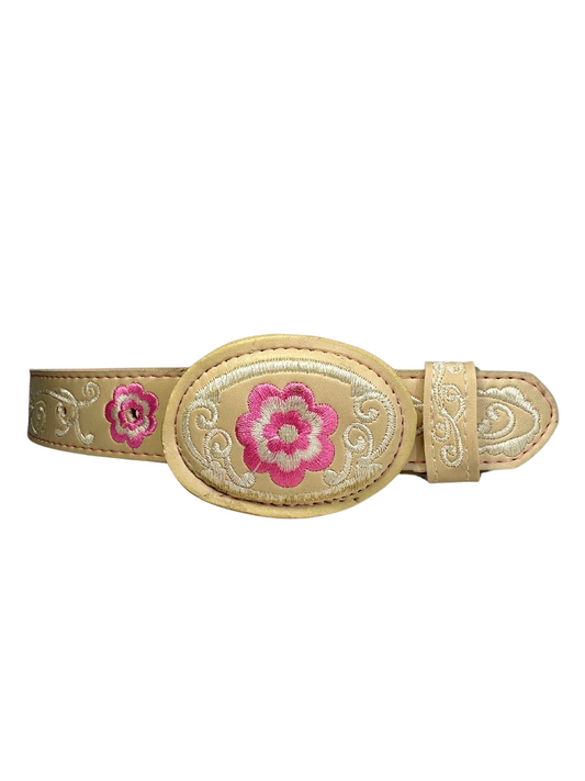 Girl's Pink Floral Embroided Leather Belt
