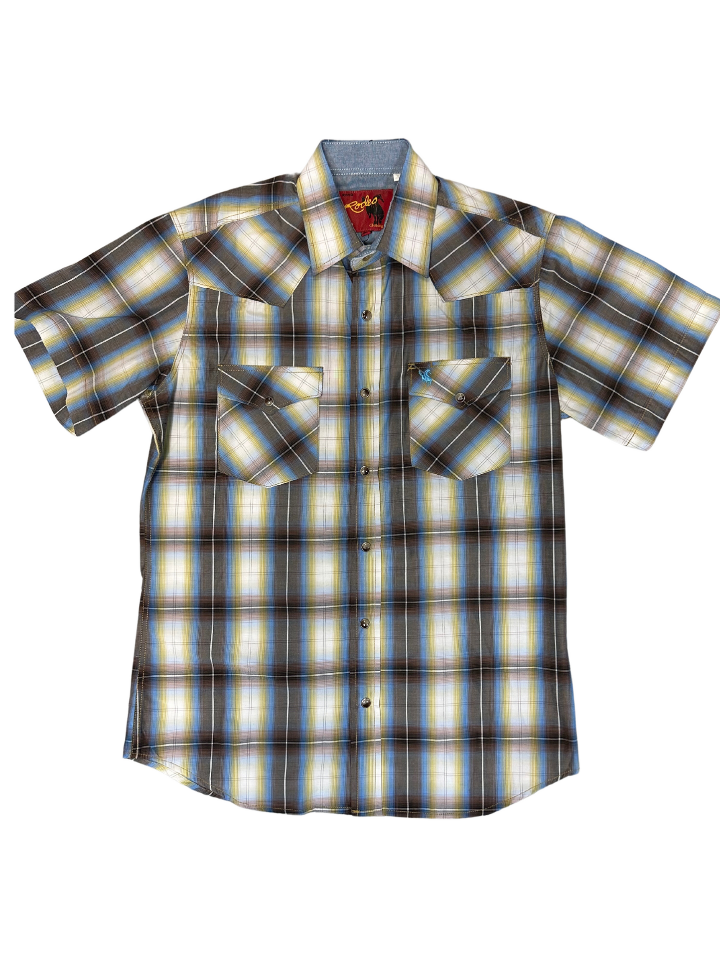 Men's Rodeo Western Plaid Short Sleeve Button Down White/Brown/Yellow Shirt