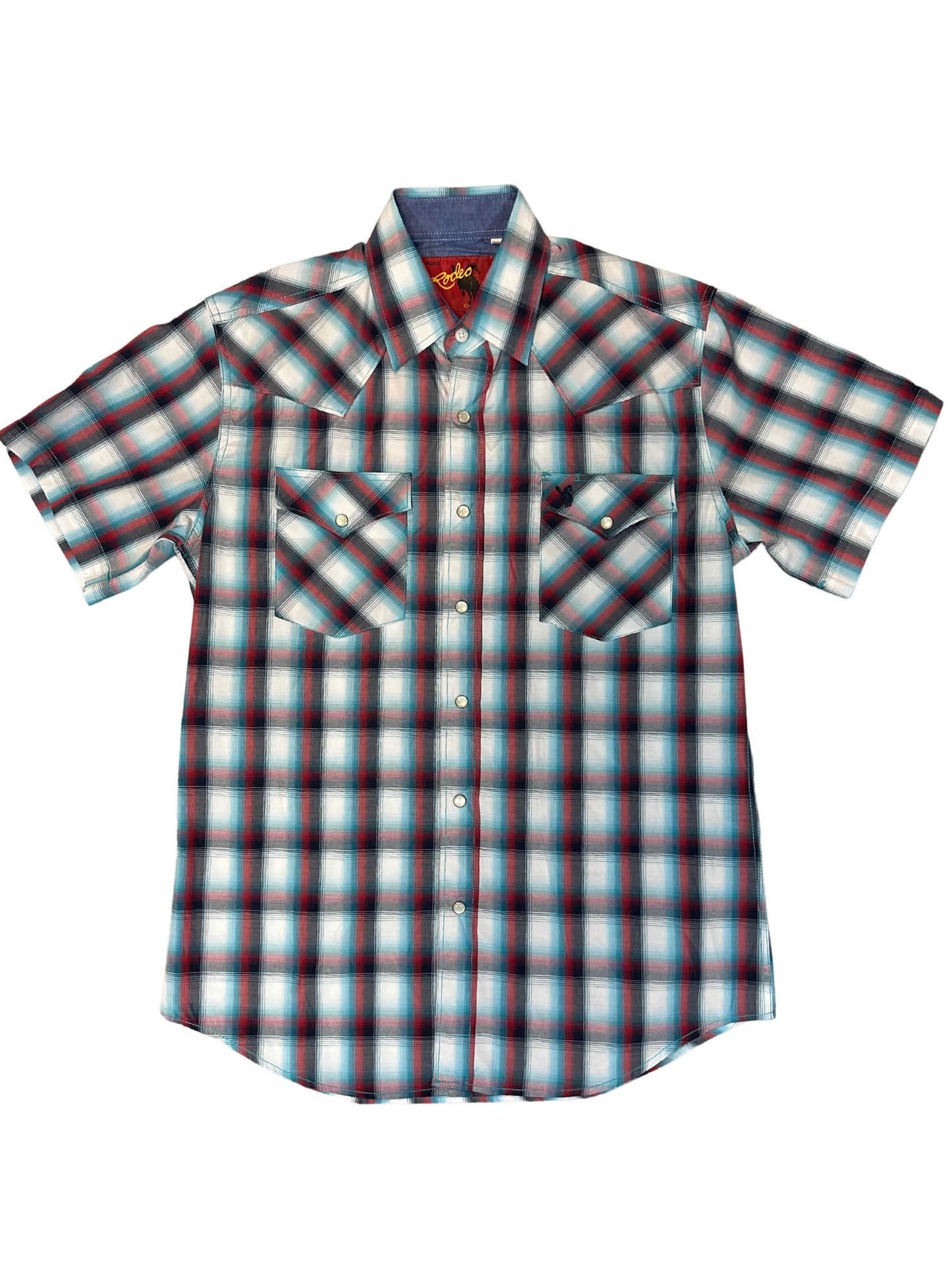 Men's Rodeo Western Plaid Short Sleeve Snap Button White/Red/Teal Shirt