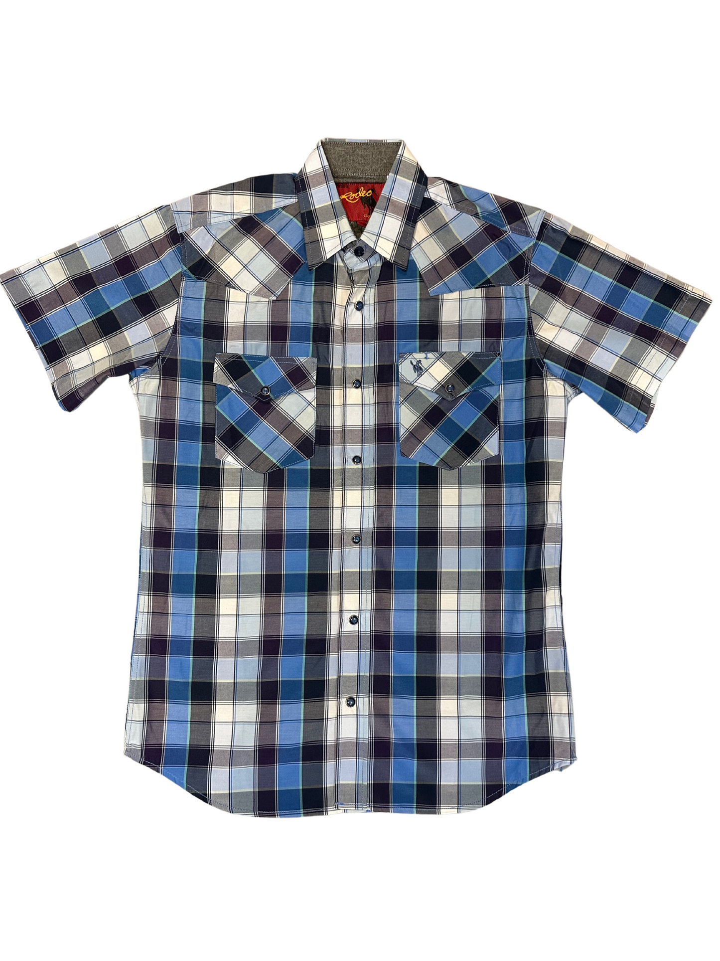 Men's Rodeo Western Plaid Short Sleeve Snap Button Blue Shirt