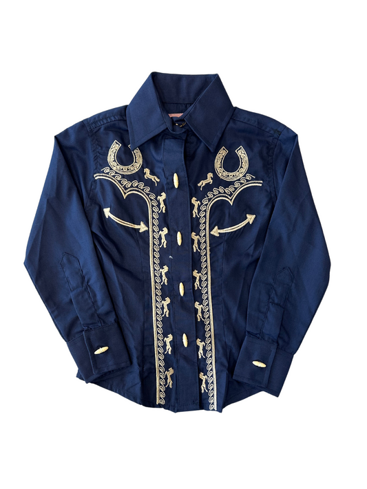 Girl's Horseshoe Embroided Button Down Shirt - Navy
