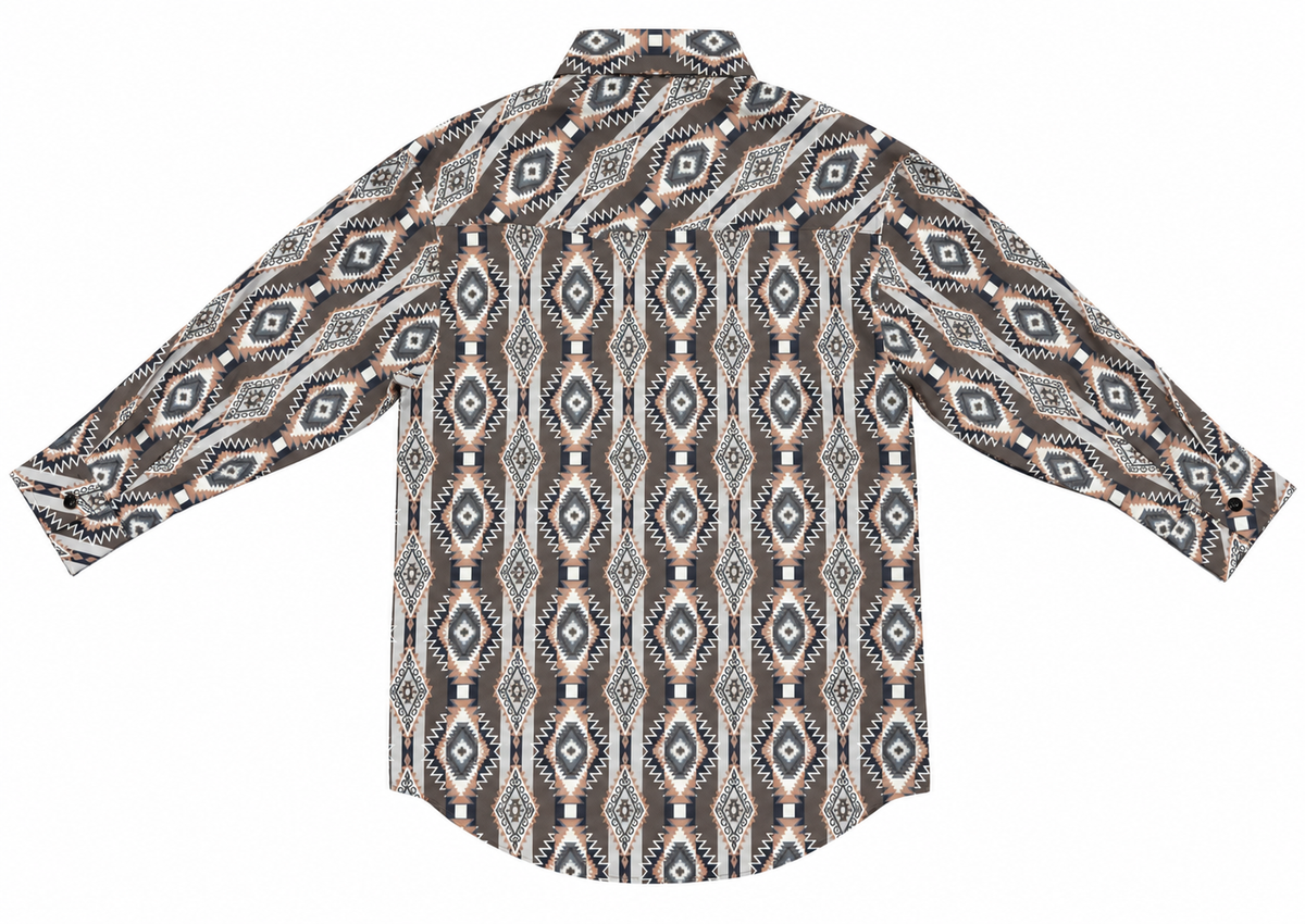 Rock & Roll Denim Boy's Long Sleeve Aztec Print Snap Shirt - Dark Brown
