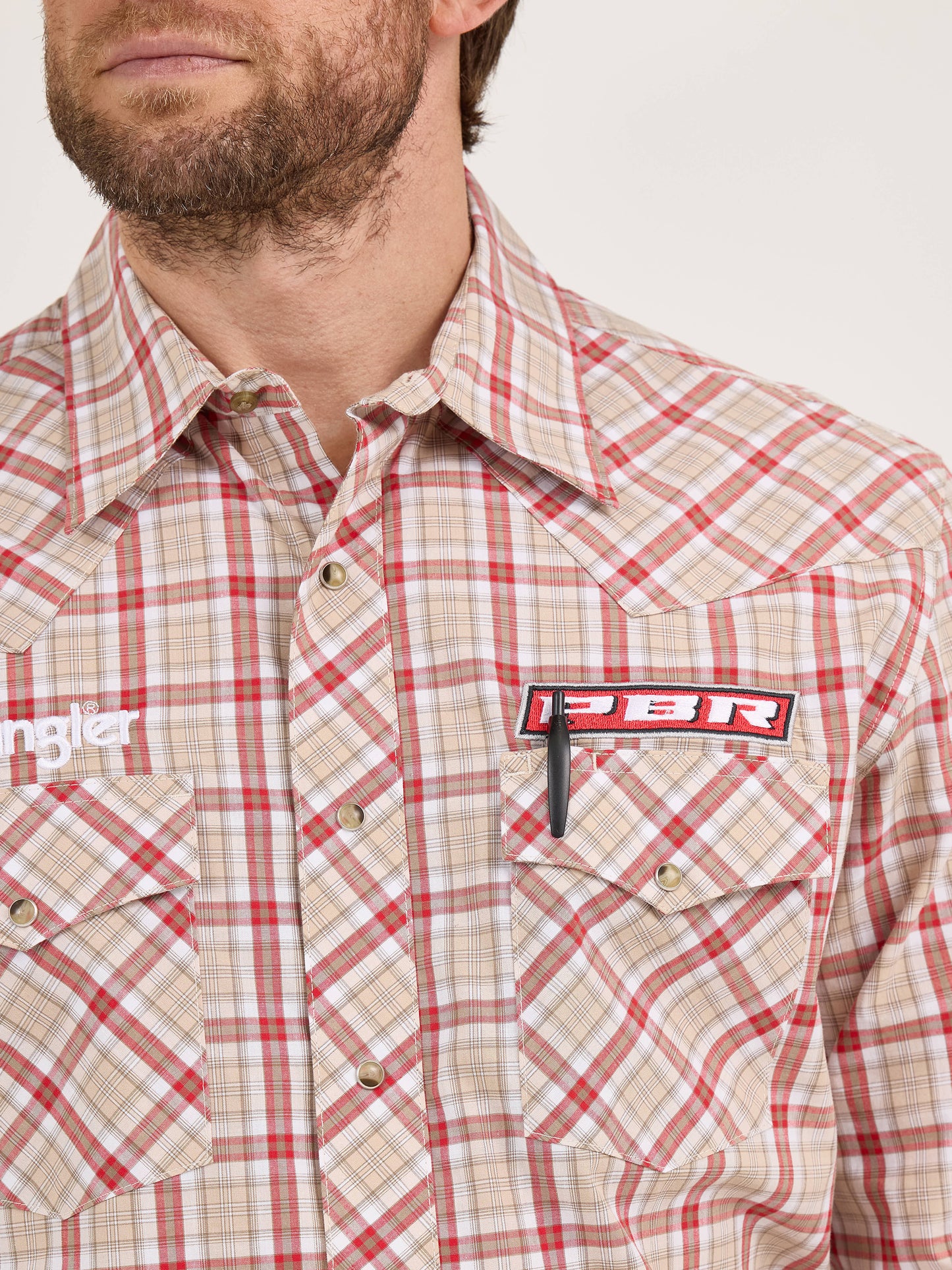 Wrangler Men's PBR Logo Long Sleeve Plaid Western Snap Beige Crimson Shirt