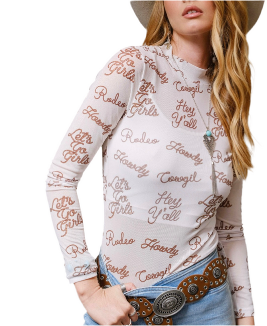 Blue B Women's Graphic Mesh Long Sleeve Taupe Top